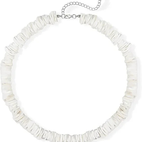 White Puka Shell Necklace, Hawaiian Style Clam Chip Surfer Necklace - Picture 2 of 7